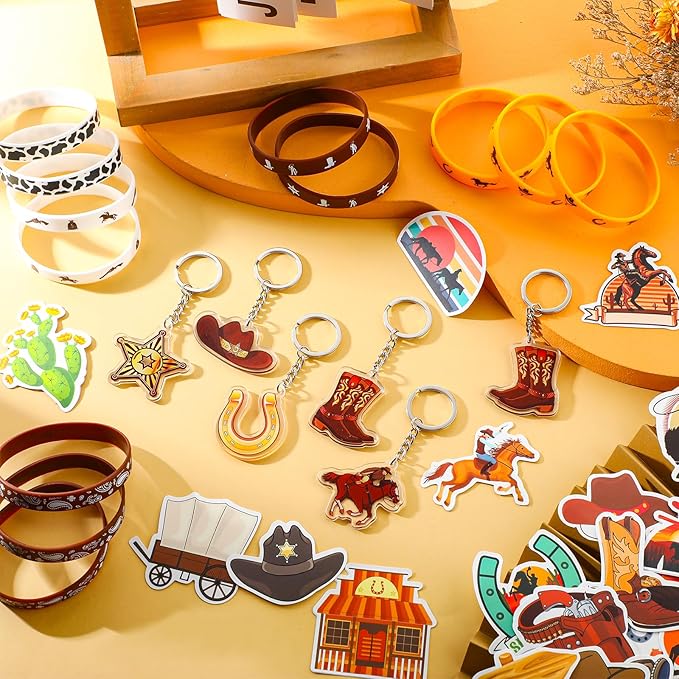 Nosiny 90 Pieces Cowboy Cowgirl Party Favor Supplies, Includes Silicone Bracelets Stretch Wristbands Acrylic Keychains and Cowboy Stickers for Western Themed Birthday Baby Shower Party Favors