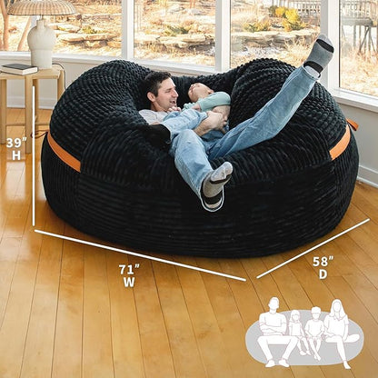 Big Joe Fuf XXL Foam Filled Bean Bag Chair with Removable Cover, Black Licorice Corded Plush, 6 feet Giant