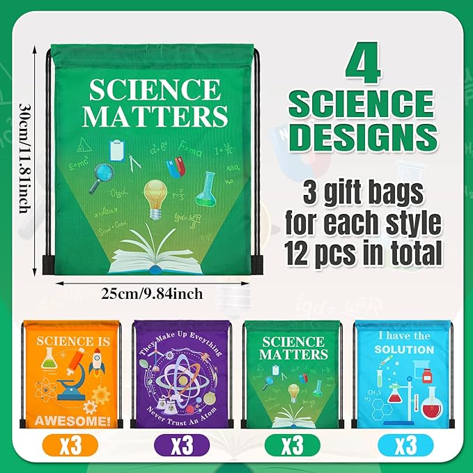 Sureio 86 Pcs Scientific Party Favors Include Scientific Party Drawstring Bags Silicone Bracelets Scientific Stickers Kawaii Pins for Scientific Birthday Party Decorations Prizes