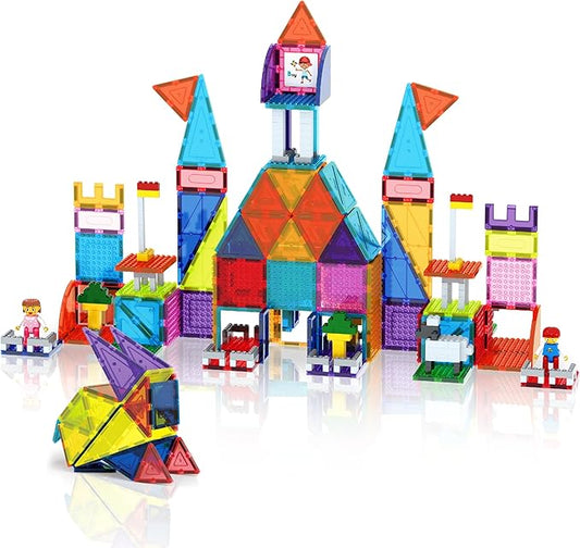 PicassoTiles 353pcsMagnetic Brick Tile and Magnetic Tile Combo Set, Action Figures Included, Building Blocks STEM Toys, Educational Montessori Preschool Toddler Classroom Learning Toys, Kids Activity