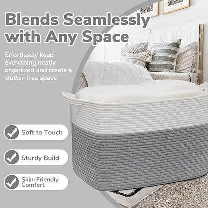 Goodpick 105L Extra Large Woven Blanket Basket Cotton Rope Storage Baskets for Organizing, Rectangle Baby Laundry Basket for Living Room Home Decor, 25"x16"x16", White & Gray