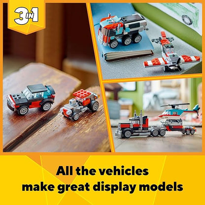LEGO Creator 3 in 1 Flatbed Truck with Helicopter Toy, Transforms from Flatbed Truck Toy to Propeller Plane to Hot Rod and SUV Car Toys, Gift Idea for Boys and Girls Ages 7 Years Old and Up, 31146