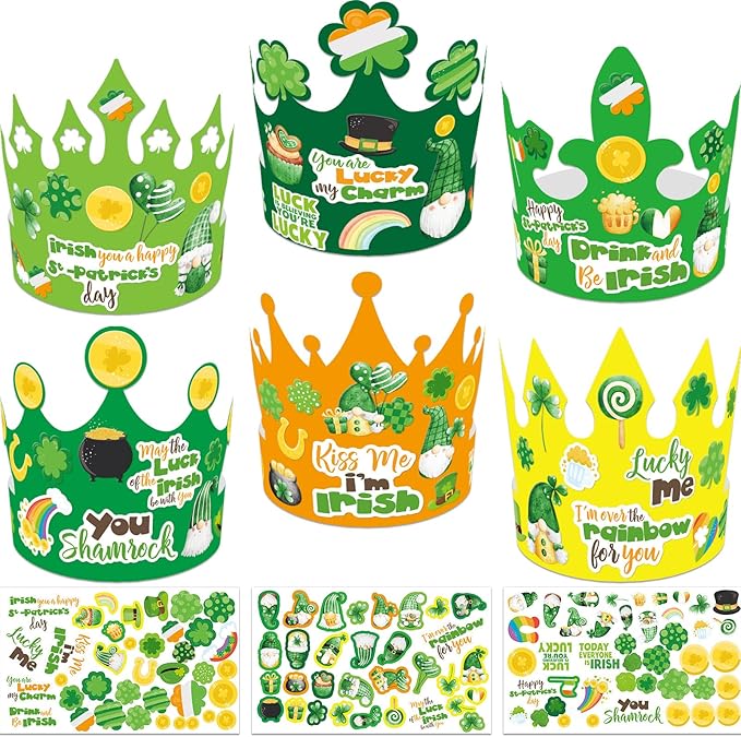 WorldBazaar St. Patrick's Day Crown Hat Craft for Kids 24 Pack Lucky Shamrock Clover Paper Hat with Stickers Green Irish Classroom Family Party Favors Supplies