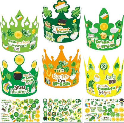 WorldBazaar St. Patrick's Day Crown Hat Craft for Kids 24 Pack Lucky Shamrock Clover Paper Hat with Stickers Green Irish Classroom Family Party Favors Supplies
