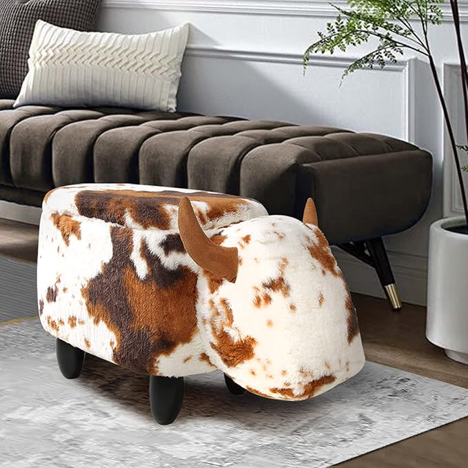 GIA Ottoman with Storage, Foot Stand and Wooden Legs, Shorthorn Dairy Cow, Brown and White