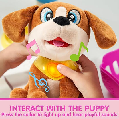 JOYIN Toy Dog for Toddlers, Play Puppy Toy with Carrier & Accessories, Plush Dog with Interactive Button, Lights & Sounds, Pet Care Set for Kids 1 2 3 4 Years Old, Birthday Gifts for Girls