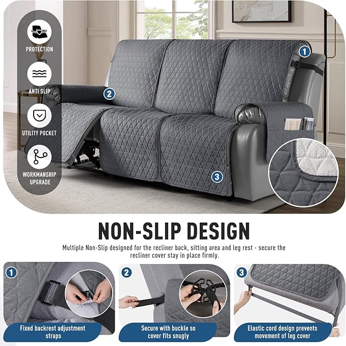 TAOCOCO 100% Waterproof Recliner Sofa Cover-Non Slip Split Couch Covers for Reclining Couches with Elastic Straps,Couch Covers for 3 Cushion Couch Sofa Pet Friendly(Dark Gray, 3 Seater)