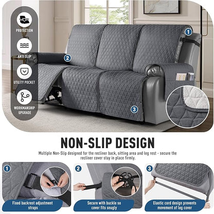 TAOCOCO 100% Waterproof Recliner Sofa Cover-Non Slip Split Couch Covers for Reclining Couches with Elastic Straps,Couch Covers for 3 Cushion Couch Sofa Pet Friendly(Dark Gray, 3 Seater)