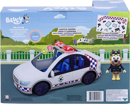 Bluey Police Car Toy, Vehicle from The Special Episode The Sign. Includes Toy Police Car with Flashing Lights & Sounds, Policeman Figure, and Themed Sticker Set. Batteries Included.
