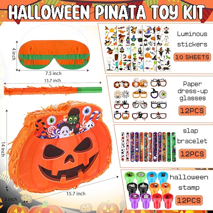 Jenaai 50 Pcs Halloween Piñatas Party Favors Include Large Piñatas with Blindfold Slap Bracelets Paper Eyeglasses Glow in the Dark Stickers and Stamper Halloween Party Supplies(Pumpkin)