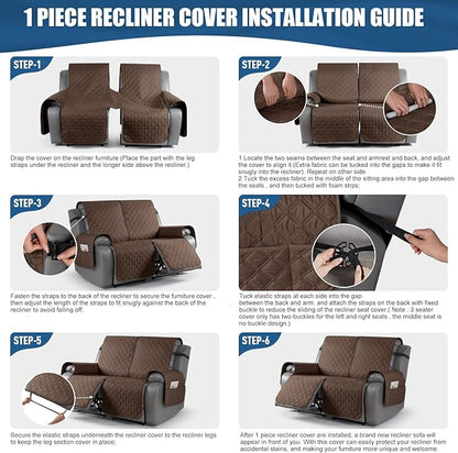 TAOCOCO 100% Waterproof Recliner Covers, Recliner Sofa Covers with Leg Straps, Reversible Recliner Couch Cover for Reclining Chair, Washable Couch Protector for Pets Kids(2 Seater, Brown)