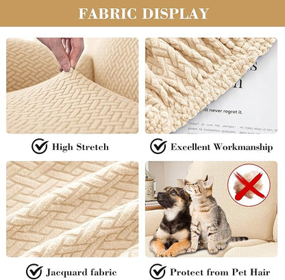 Jin Le 6 Pieces Recliner Cover Stretch Recliner Chair Cover - Reliner, Champagne 2 Seater Recliner Couch Covers Sofa Covers Jacquard Soft Furniture Protector with Elastic Bottom and Ties for Kids/Pets