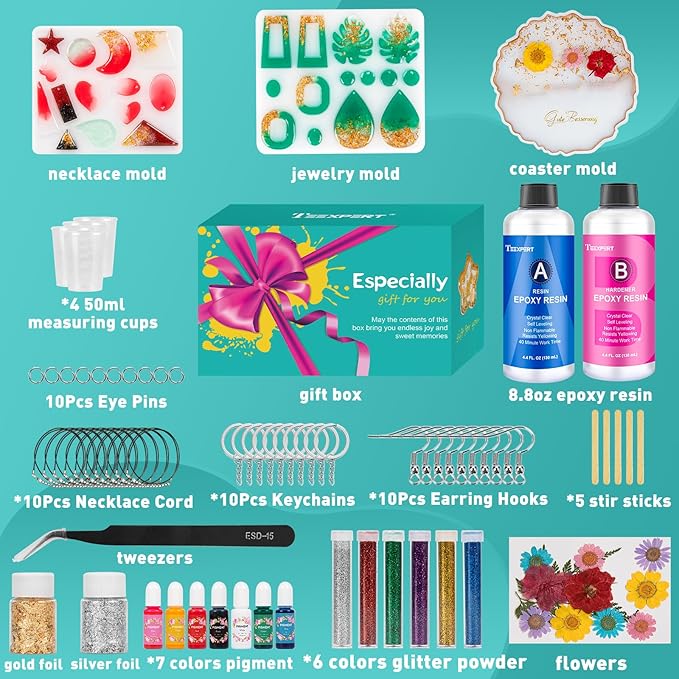 Teexpert Epoxy Resin Kit with Molds – Jewelry Making Kit with Keychain, Coaster & Earring Molds, Complete DIY Resin Kit for Beginners & Adults, Starter Set for Craft and Casting