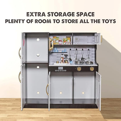 Wooden Play Kitchen Toy Set with Light, Kids Children Pretend Toy Kitchen Playset with Sink Play Toy,Oven Microwave,Toddler Cooking Set Toy for Ages 3+ Baby Girls Boys