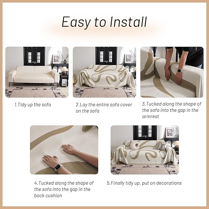 MYSKY HOME Boho Couch Cover Super Soft Couch Covers for 2-3 Cushion Couch Sofa, Modern Khaki Jacquard Sofa Slipcover Loveseat Futon Cover, Couch Covers for Sectional Sofa, 71" x 134", Khaki Curve