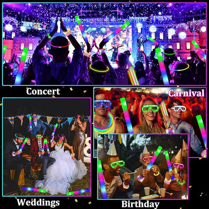 148 PCS New Years Eve Glow in the Dark Party Supplies Favors- 24 Pcs 16" Foam Glow Sticks+12 Pcs LED Glasses+12 Pcs Light Up Bracelets+100Pcs Glow Sticks Bulk Party Pack for Birthday Wedding Carnival