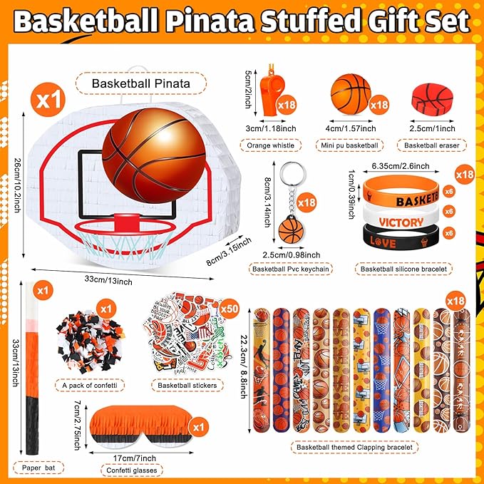162 Pcs Basketball Piñata Basketball Party Favors with Blindfold Confetti Bat Stress Balls Keychains Wristbands Whistles Eraser Slap Bracelet Stickers Sports Piñata Birthday Party Decoration