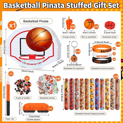 162 Pcs Basketball Piñata Basketball Party Favors with Blindfold Confetti Bat Stress Balls Keychains Wristbands Whistles Eraser Slap Bracelet Stickers Sports Piñata Birthday Party Decoration
