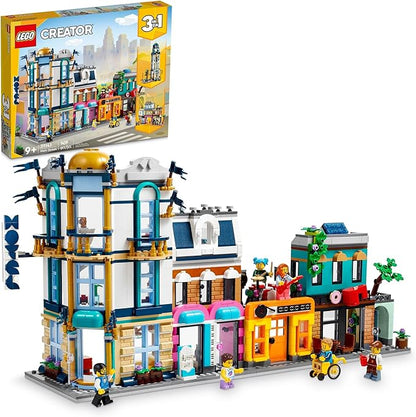LEGO Creator 3 in 1 Main Street Building Toy Set, Features a Toy City, Art Deco Building, Market Street, Hotel, Café, Music Store and 6 Minifigures, Endless Play Possibilities for Kids, 31141