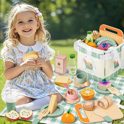 Toyssa Wooden Picnic Tea Party Set for Litle Girls 3-5, Picnic Pretend Play Kitchen Accessories for Kids with Fruits & Desserts, Toys Foods Christmas Birthday Gifts for Girls Boys 3 4 5 6 Years Old