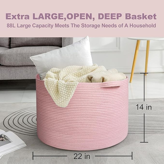 MEGASKET Extra Large Pink Basket, 22"x22"x14" Woven Cotton Rope Bin with Handles, Blanket Storage for Living Room, Baby Kids Toy Storage Bin Box, Wicker Laundry Basket, Pink Room Decor Organizing