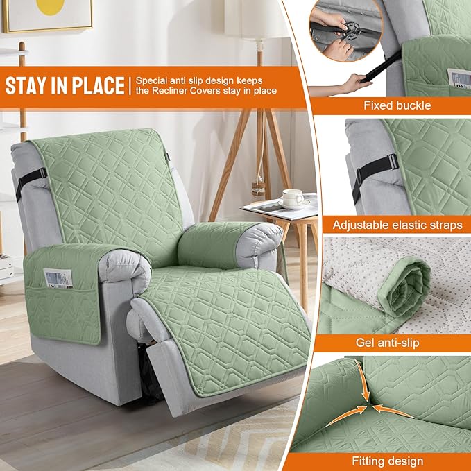VANSOFY 100% Waterproof Recliner Chair Covers, Recliner Cover Non-Slip Dog Chair Cover Furniture Protector Washable Slipcover with Pocket, Elastic Straps for Pets, Dogs(Light Green, 30")
