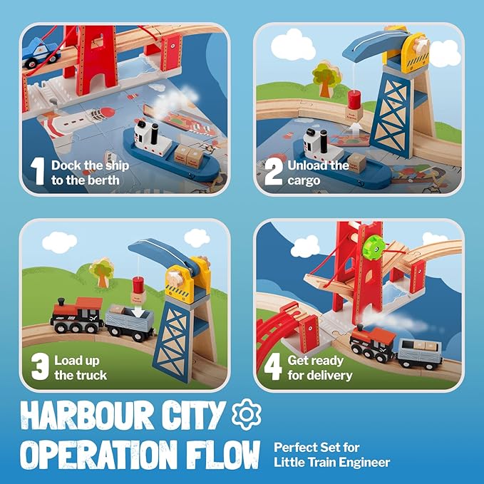 Giant bean 117 Pcs Busy Port City Train Set for Kids- Expandable & Changeable Wooden Train Track Set Toddler Toy, for Boys & Girls Ages 3+