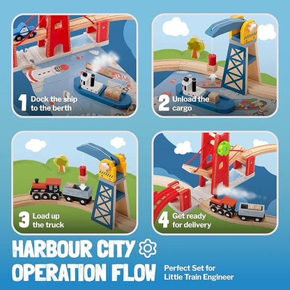 Giant bean 117 Pcs Busy Port City Train Set for Kids- Expandable & Changeable Wooden Train Track Set Toddler Toy, for Boys & Girls Ages 3+