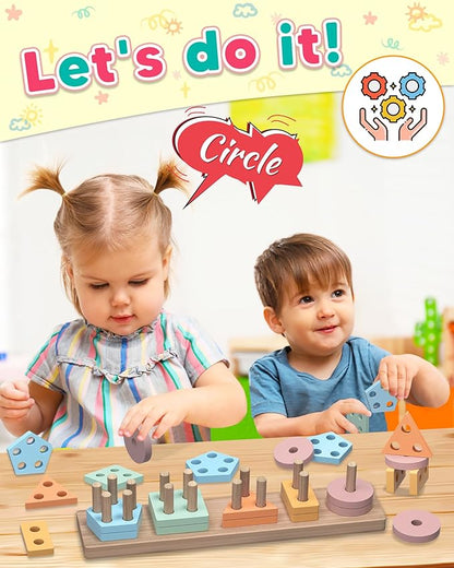 Montessori Toys for 1 2 3 Year Old Boys Girls Toddlers, Wooden Sensory Toys for Ages 2-4 0-2, 1 2 Year Old Boy Girl Birthday Gifts, Educational Toddler Learning Puzzles Toys - Macaron