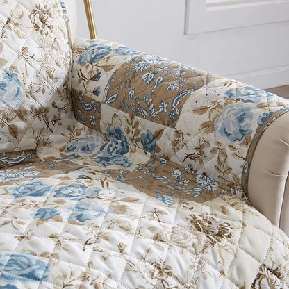 Great Bay Home Reversible Floral Patchwork Furniture Protector Scalloped Edge Stain Resistant Printed Furniture Protector Maribel Collection (Sofa, Taupe/Blue)
