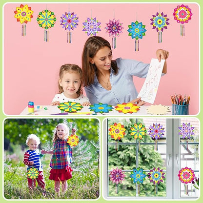gisgfim 16 Pack Lotus Flower Wind Chime Crafts Kits for Kids Make Your Own Mandala Wind Chime Wooden DIY Arts and Crafts Decoration for Xmas Party School Classroom Decorations Supplies Birthday Favors