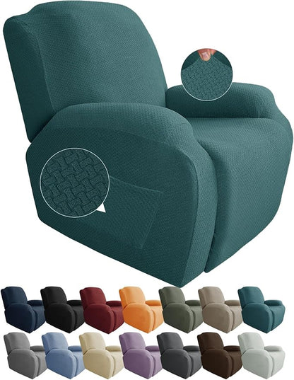 JIVINER Oversized Recliner Chair Covers 4 Piece Stretch Lazy Boy Recliner Sofa Slipcover Jacquard Large Recliner Covers with Elastic Bottom Soft Furniture Protector (XL Recliner,Peacock Blue)