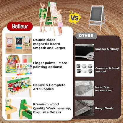 All-in-One Art Easel for Kids with 2 Paper Rolls & Deluxe Accessories, Adjustable Magnetic Double Sided Whiteboard & Chalkboard, Painting Kid Easel for Toddlers 2-8, Ideal Christmas Gift