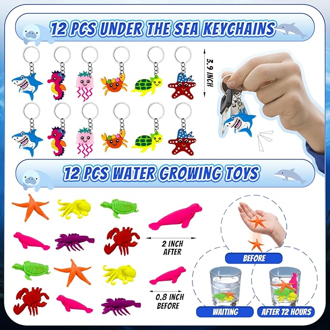 144 Pcs Under the Sea Party Favors Set with Keychains Slap Bracelet Scratch Art Tattoo Stickers Wristbands Treat Boxes Ocean Party Favors Under the Sea Party Decorations