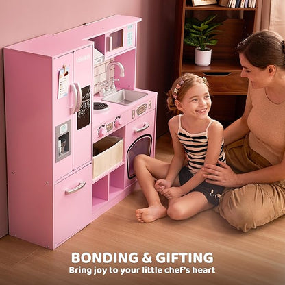 Play Kitchen Set for Toddlers, Wooden Toy Playset with Real Lights & Sounds, Double-Door Fridge, Ice Maker & Cookware Accessories, Pretend Play Kitchen Set for Kids, Gift for Ages 3+
