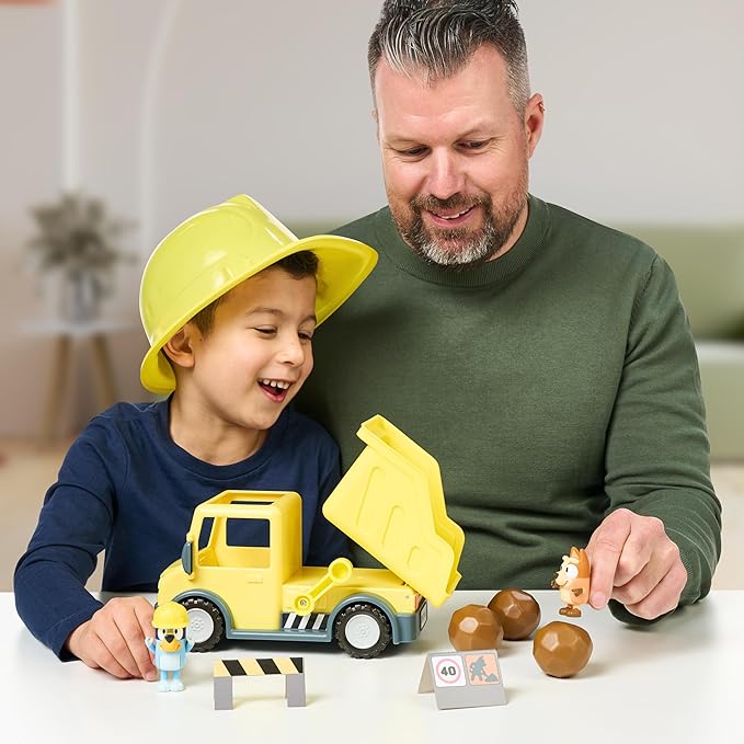 Bluey Dump Truck, with Load and Unload Feature, Get Some Work Done with Exclusive Hard-Hat and Muddy Bingo