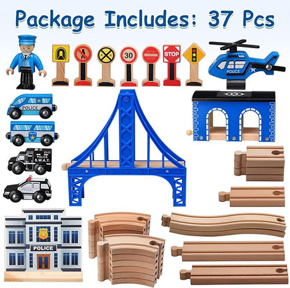 SainSmart Jr. Wooden Train Set - Interactive Police Playset for Kids | Building Toy with Train, Figures & Accessories | Compatible with Brio, Thomas, Melissa and Doug | Educational STEM Gift