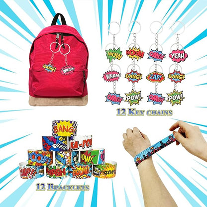 APZ 122 Pcs Superhero Party Favors -Superhero Mask Slap Bracelets Keychains Stickers Punch Balloons Finger Lights and Gift Bags for Kids Hero Party Supplies Birthday Decorations