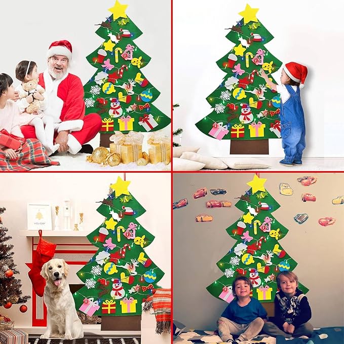 iGeeKid 4 Ft Led Felt Christmas Tree for Toddler Kids DIY Felt Christmas Craft Kits with 30 Ornaments 10ft Multi-Colored String Light Christmas Wall Hanging Decor Xmas Kids Gifts Party Supplies