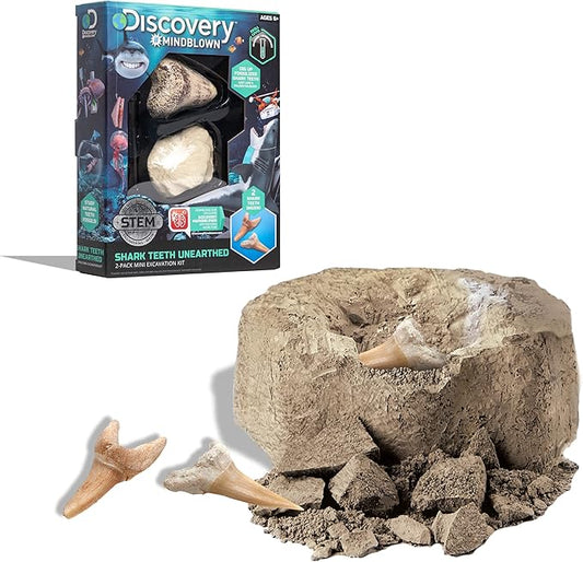 Discovery #MINDBLOWN Mini Fossil Dig Set, 2 Pack Real Shark Teeth Excavation Kit, Interactive Archaeology Paleontology Experiment, Learn Science, Fun and Educational STEM Toy for Kids Ages 6 and Up