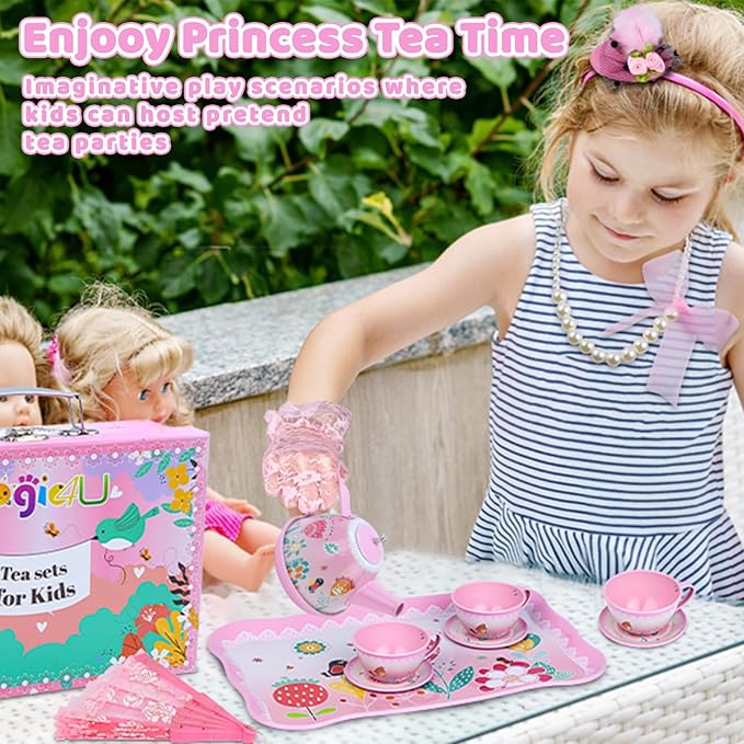 Tea Party Set for Little Girls, Tin Tea Set with Gloves Fan Necklace Bracelet Dress Up Accessories, Princess Tea Time Toys, Kitchen Pretend Play Toy, Birthday Gifts for Kids Toddler Age 3-8