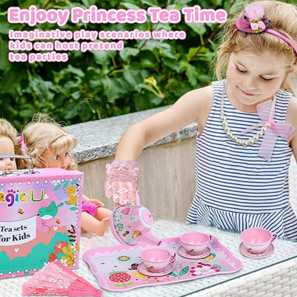 Tea Party Set for Little Girls, Tin Tea Set with Gloves Fan Necklace Bracelet Dress Up Accessories, Princess Tea Time Toys, Kitchen Pretend Play Toy, Birthday Gifts for Kids Toddler Age 3-8