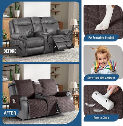 TAOCOCO 100% Waterproof Recliner Cover -Loveseat Recliner Cover with Center Console,Non-Slip Reclining Couch Covers for 2 Seat,with Elastic Straps Pocket for Kids, Dogs(Chocolate, 2 Seater XL)