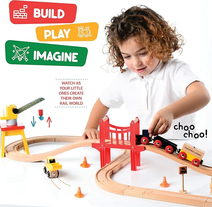 Play22 Wooden Train Set Toddler Toys - 38 Pieces Wood Train Track Set for Toddlers 3-4 Years with Crane, Bridge & Accessories