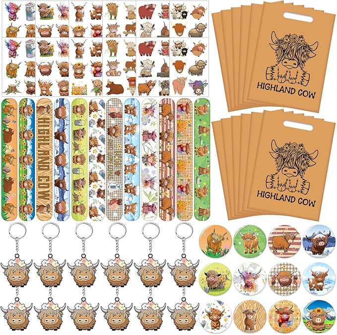 Highland Cow Party Favors Highland Cow Theme Slap Bracelets Key Chains Badges Temporary Tattoo Stickers Gift Bags for Kids Highland Cattle Farm Animal Birthday Party Supplies Baby Shower