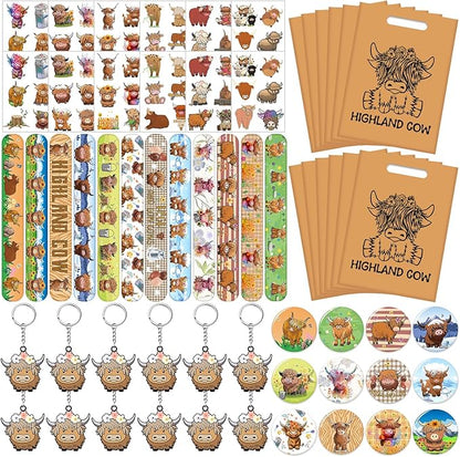 Highland Cow Party Favors Highland Cow Theme Slap Bracelets Key Chains Badges Temporary Tattoo Stickers Gift Bags for Kids Highland Cattle Farm Animal Birthday Party Supplies Baby Shower