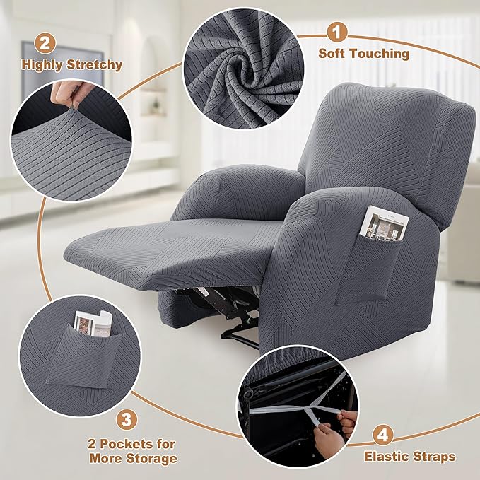 Jin Le Newest Recliner Chair Covers 4 Pieces Lazy Boy Recliner Covers for Recliner Chair Jacquard Reclining Chair Cover Stay in Place with 2 Pockets-Dark Gray