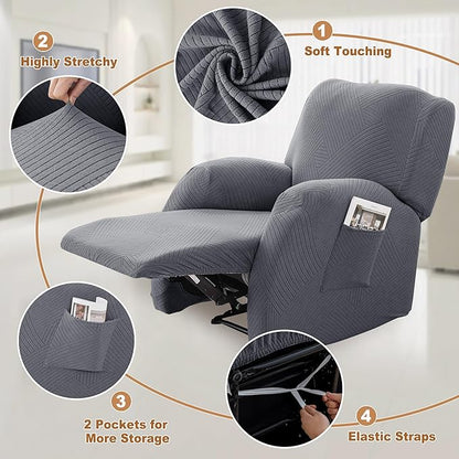 Jin Le Newest Recliner Chair Covers 4 Pieces Lazy Boy Recliner Covers for Recliner Chair Jacquard Reclining Chair Cover Stay in Place with 2 Pockets-Dark Gray
