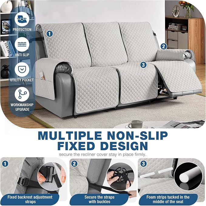 TAOCOCO Waterproof Recliner Couch Covers Sofa Slipcover for 3 Cushion Couch, Pet Sofa Cover for 3 Seat Recliner, Washable Reclining Sofa Cover Furniture Protector with Straps(3 Seater, Off White)