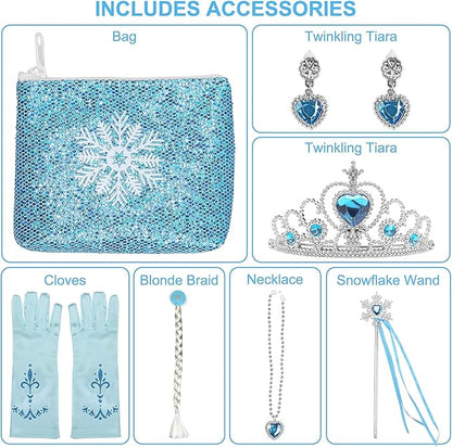 Princess Dress Fancy Costume for Girls Birthday Party Dress Up Cosplay with Wig Gloves Jewelry Cloak Purse Crown Wand Blue